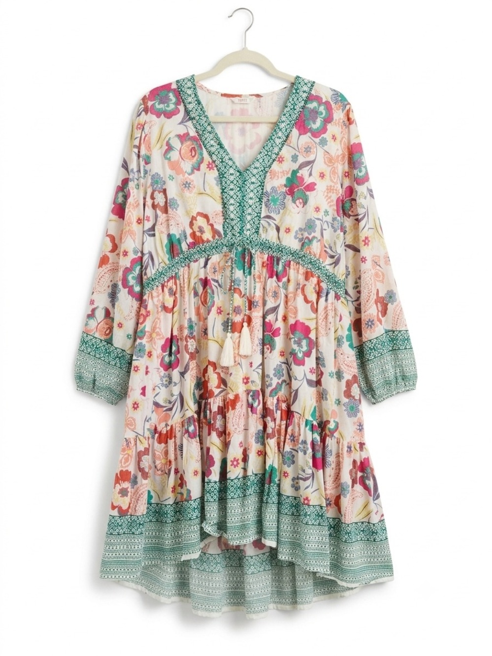 Kaktus Boho Floral V-Neck Tiered Mini Dress Mosaic Trim Tassels Size XXL